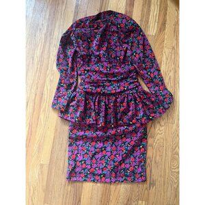 VTG Floral Multicolored Peplum Midi Dress with Shoulder Pads + Long Sleeves